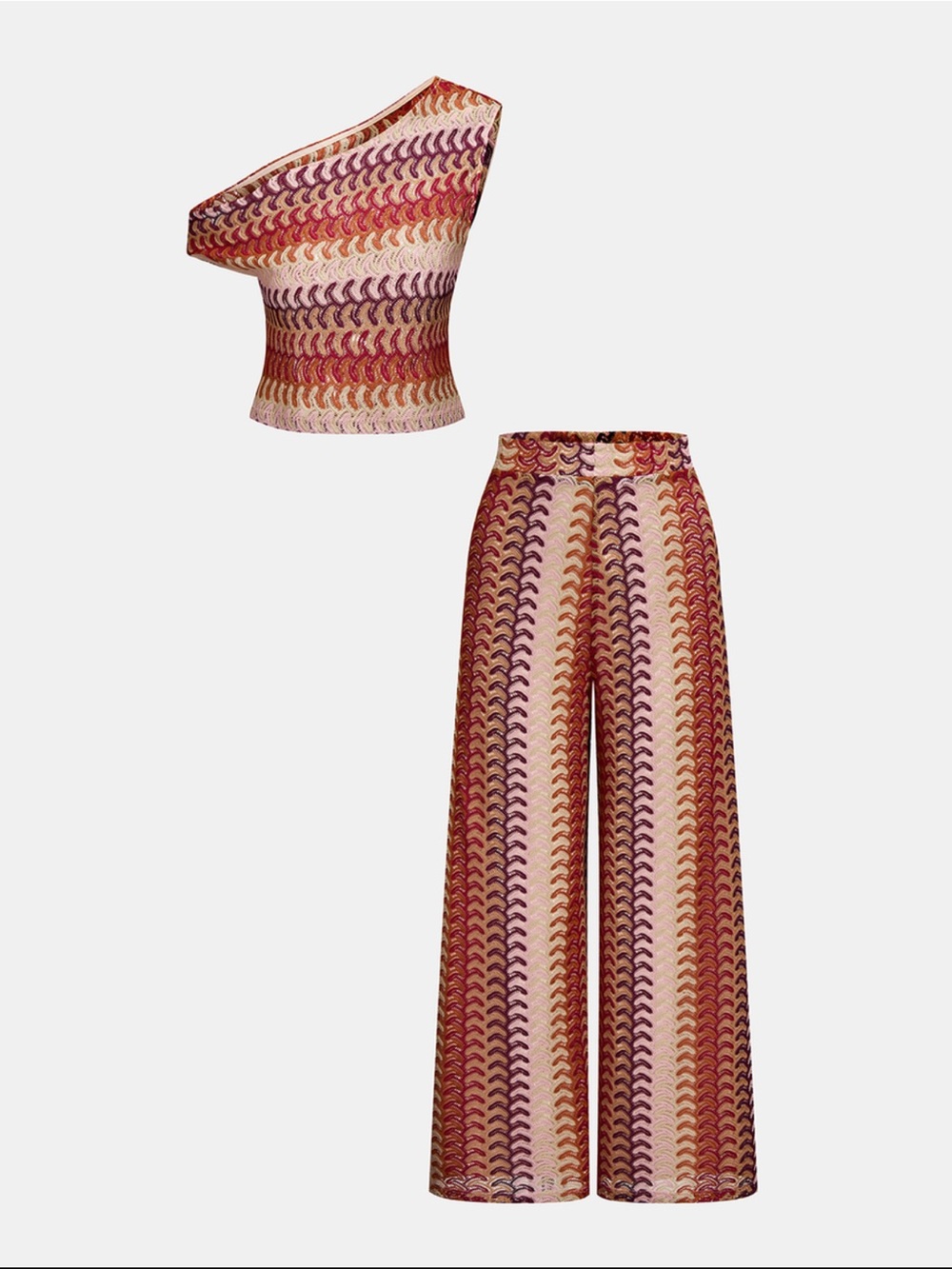 Commense One-Shoulder Knit Top & Wide Leg Pants in Multi-Color Wave